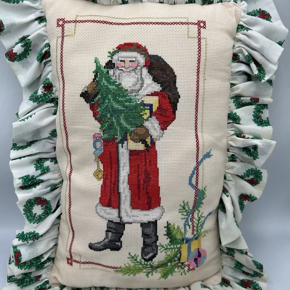 Vtg Original Cross Stitch‎ Santa Claus & Christmas Pillow
